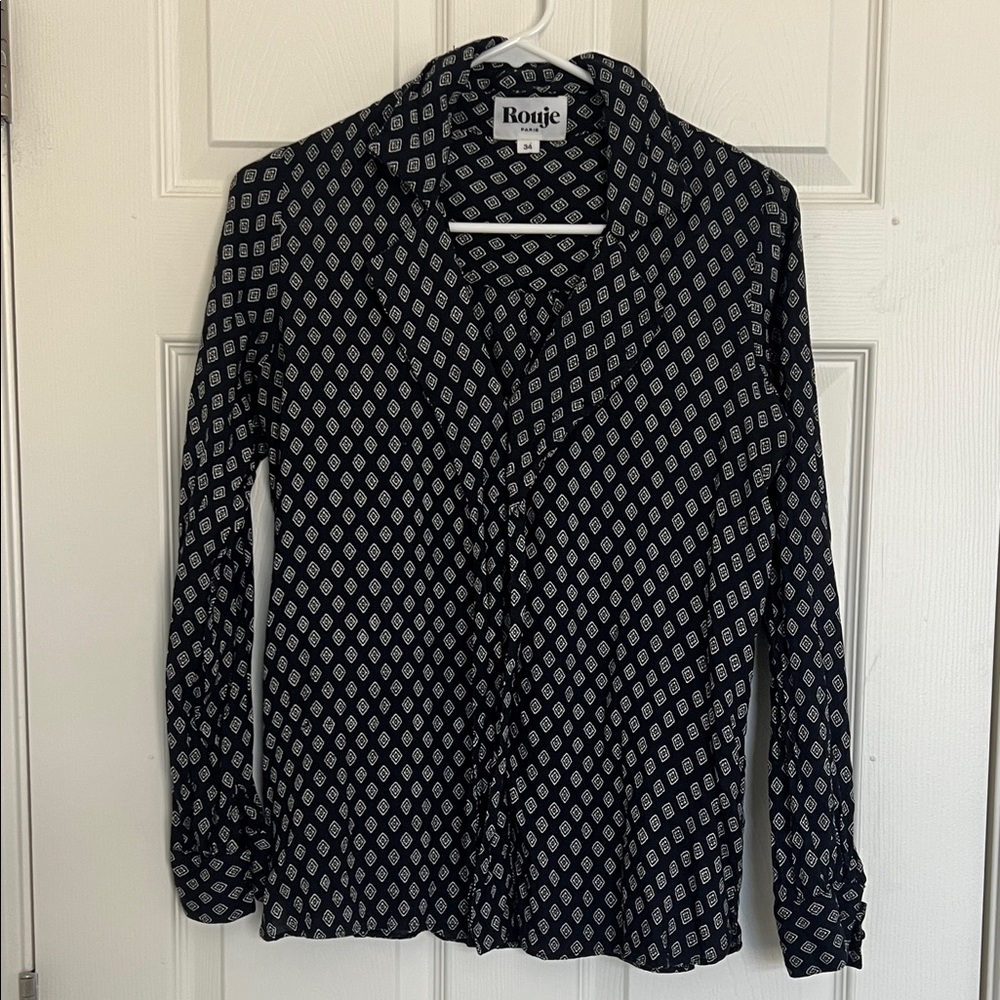 Rouje Navy and White Diamond-Print Button Shirt